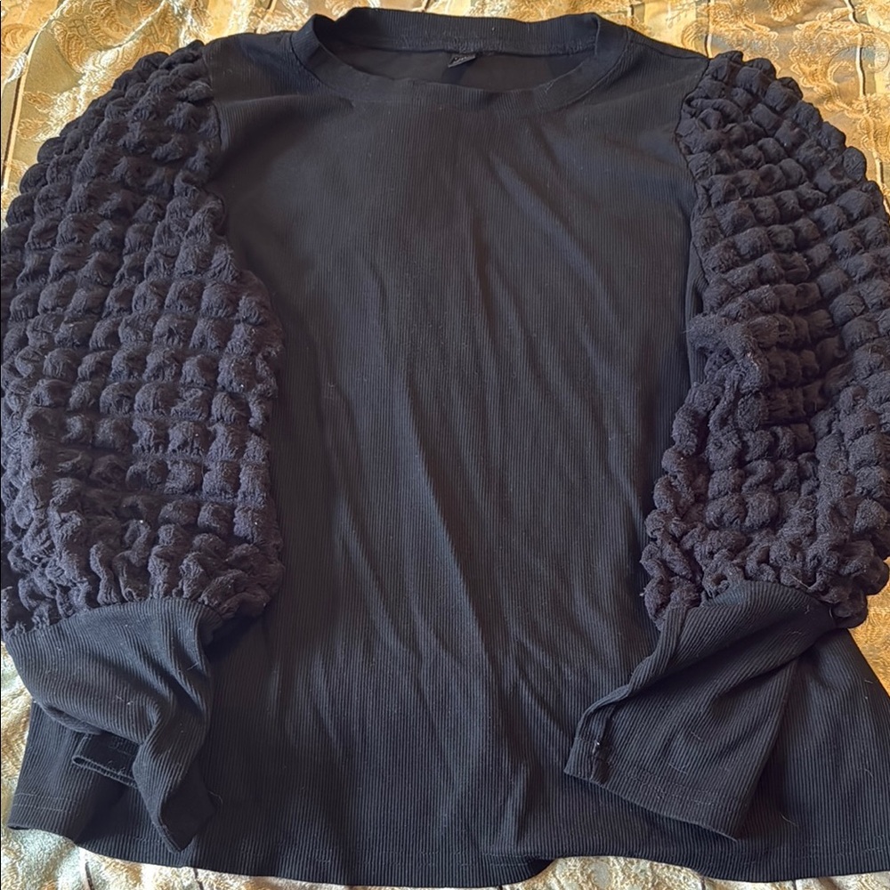 Black Textured Sleeve Top